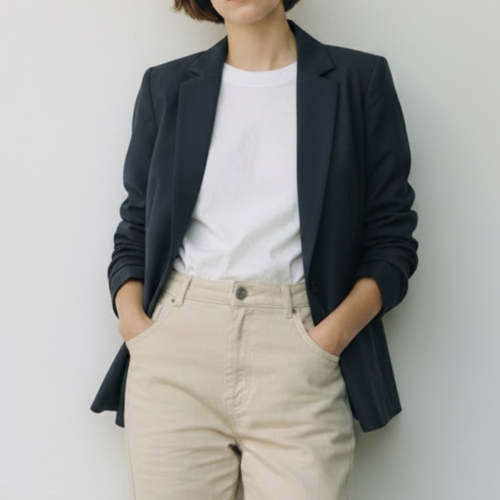 Ann Taylor Factory Industrial Navy Blue Open Front Cropped Blazer Size Small